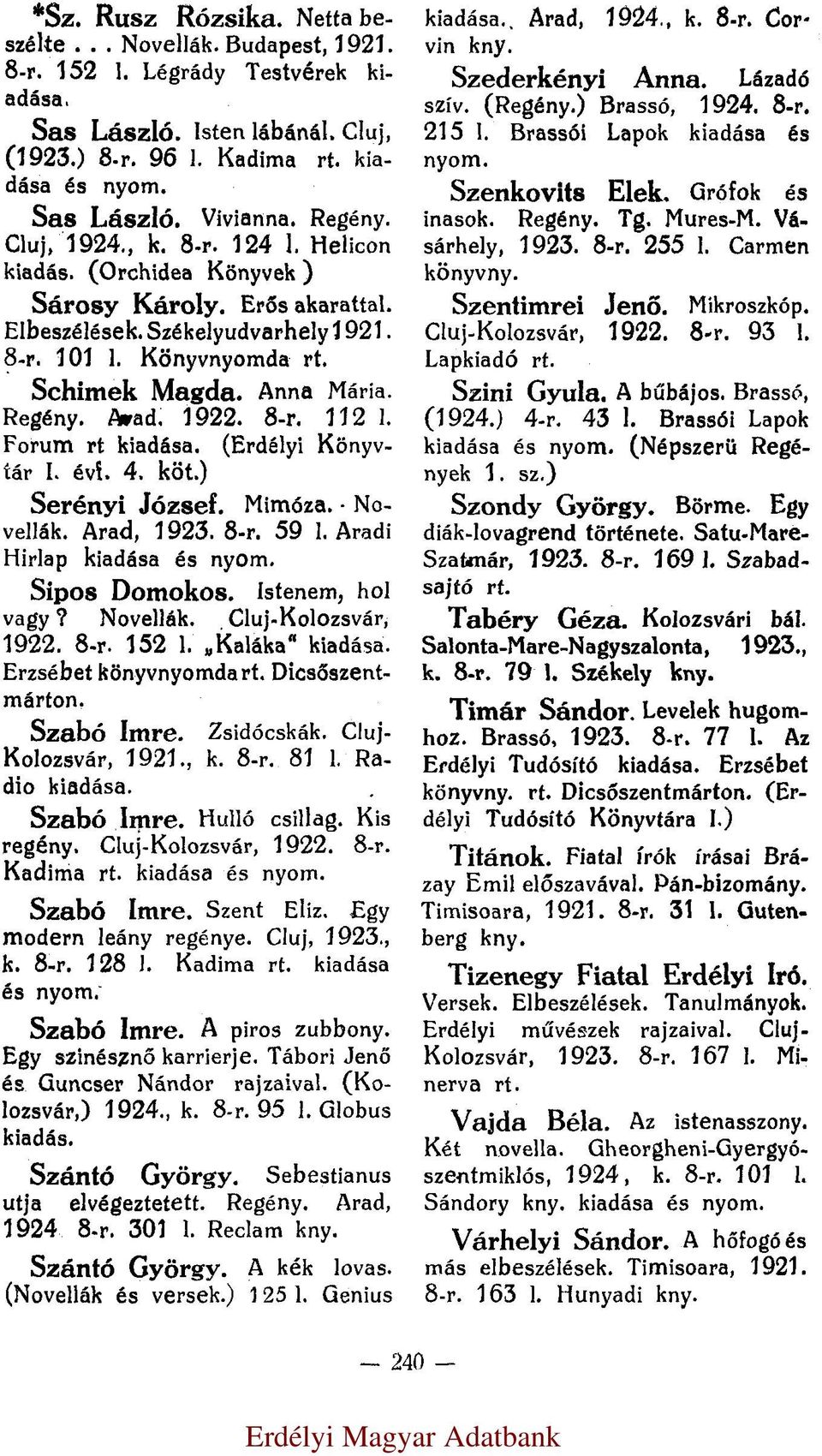 Arad. 1922. 8-r. 112 l. Forum rt kiadása. (Erdélyi Könyvtár I. évf. 4. köt.) Serényi József. Mimóza. Novellák. Arad, 1923. 8-r. 59 l. Aradi Hirlap kiadása és nyom. Sipos Domokos. Istenem, hol vagy?