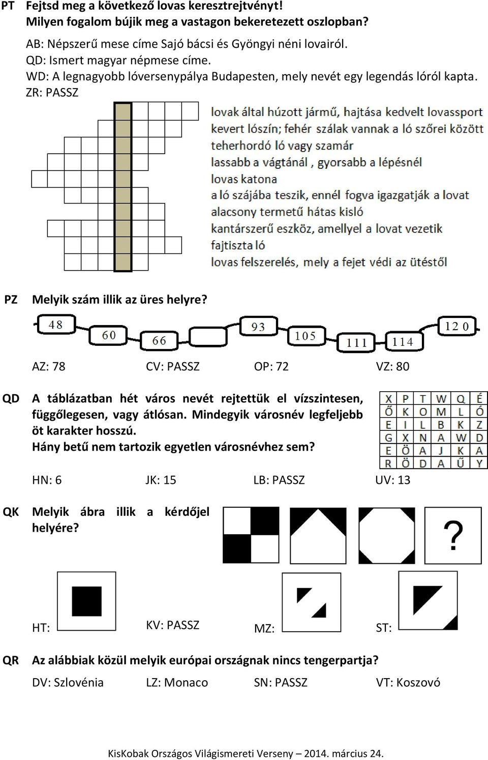AZ: 78 CV: PASSZ OP: 72 VZ: 80 QD A táblázatban hét város nevét rejtettük el vízszintesen, függőlegesen, vagy átlósan. Mindegyik városnév legfeljebb öt karakter hosszú.