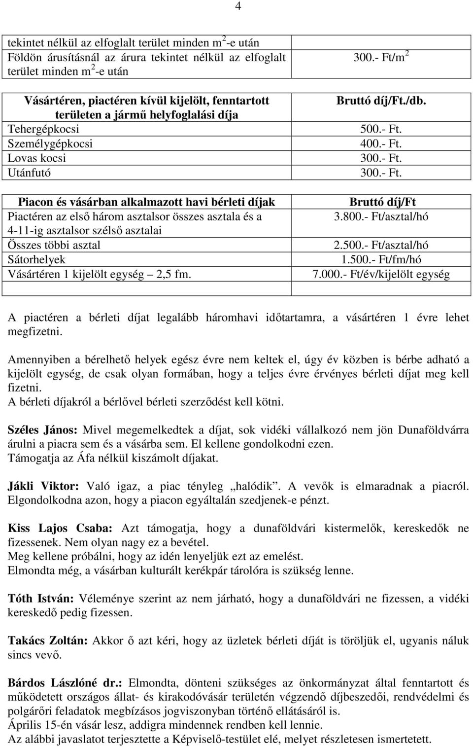 asztalsor szélső asztalai Összes többi asztal Sátorhelyek Vásártéren 1 kijelölt egység 2,5 fm. 300.- Ft/m 2 Bruttó díj/ft./db. 500.- Ft. 400.- Ft. 300.- Ft. 300.- Ft. Bruttó díj/ft 3.800.