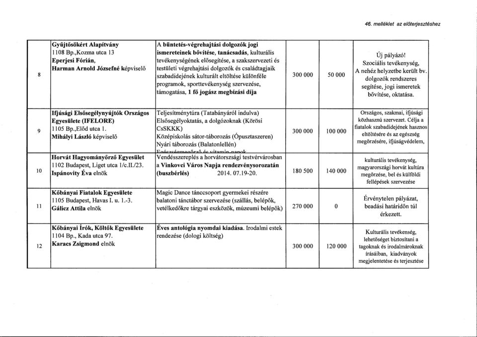 testületi végrehajtási dolgozók és családtagjaik szabadidejének kulturált eltöltése különféle programok, sporttevékenység szervezése, támogatása, l fő jogász megbízási díja 300 OOO 50 OOO Új pályázó!