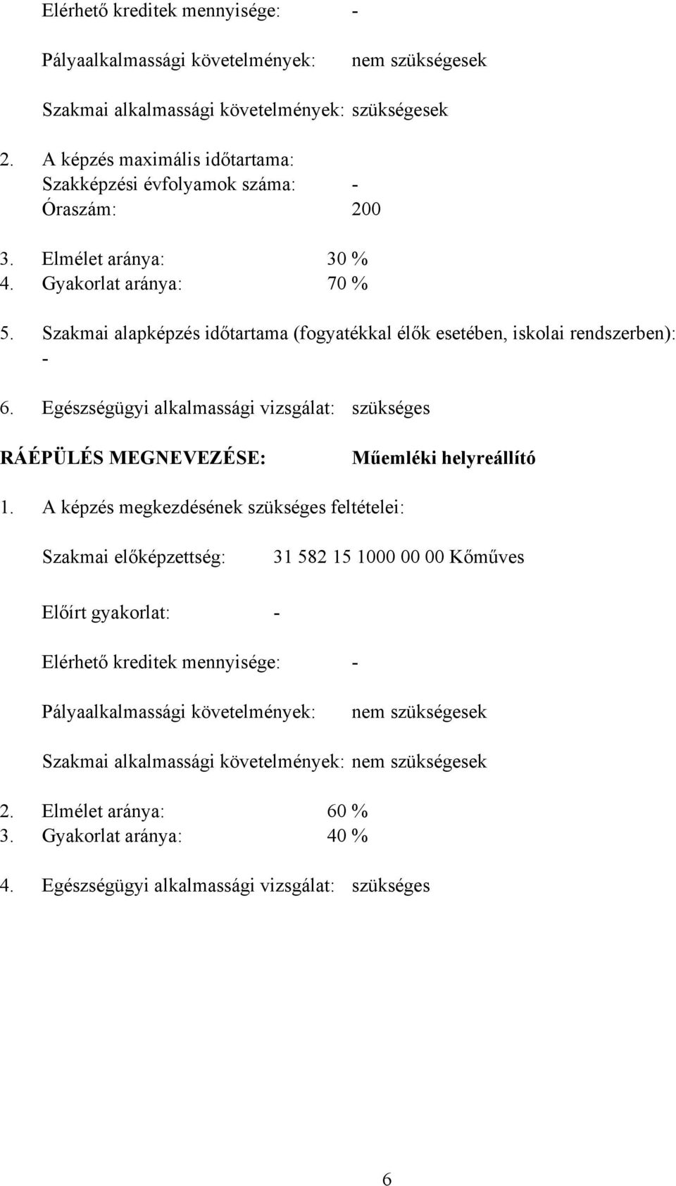 Szakmai alapképzés időtartama (fogyatékkal élők esetében, iskolai rendszerben): - 6. Egészségügyi alkalmassági vizsgálat: szükséges RÁÉPÜLÉS MEGNEVEZÉSE: Műemléki helyreállító 1.