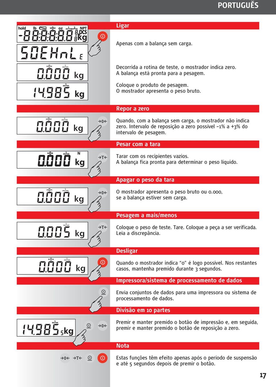 Pesar com a tara Tarar com os recipientes vazios. A balança fica pronta para determinar o peso líquido. Apagar o peso da tara O mostrador apresenta o peso bruto ou 0.