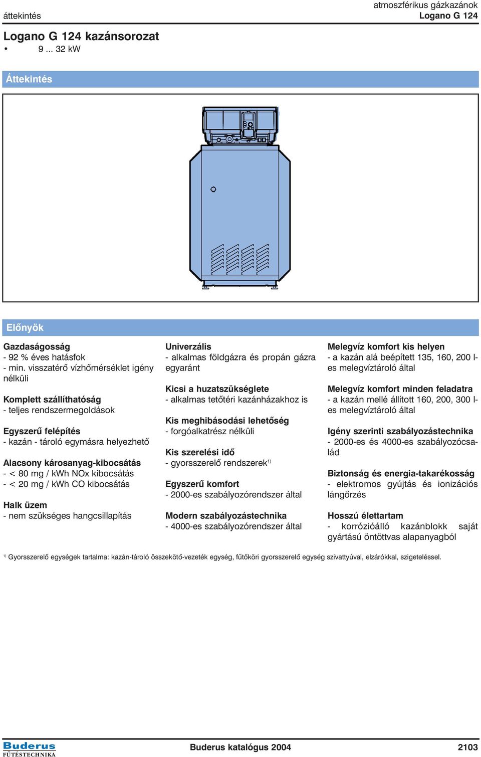 kibocsátás - < 20 mg / kwh CO kibocsátás Halk üzem - nem szükséges hangcsillapítás Univerzális - alkalmas földgázra és propán gázra egyaránt Kicsi a huzatszükséglete - alkalmas tetõtéri kazánházakhoz