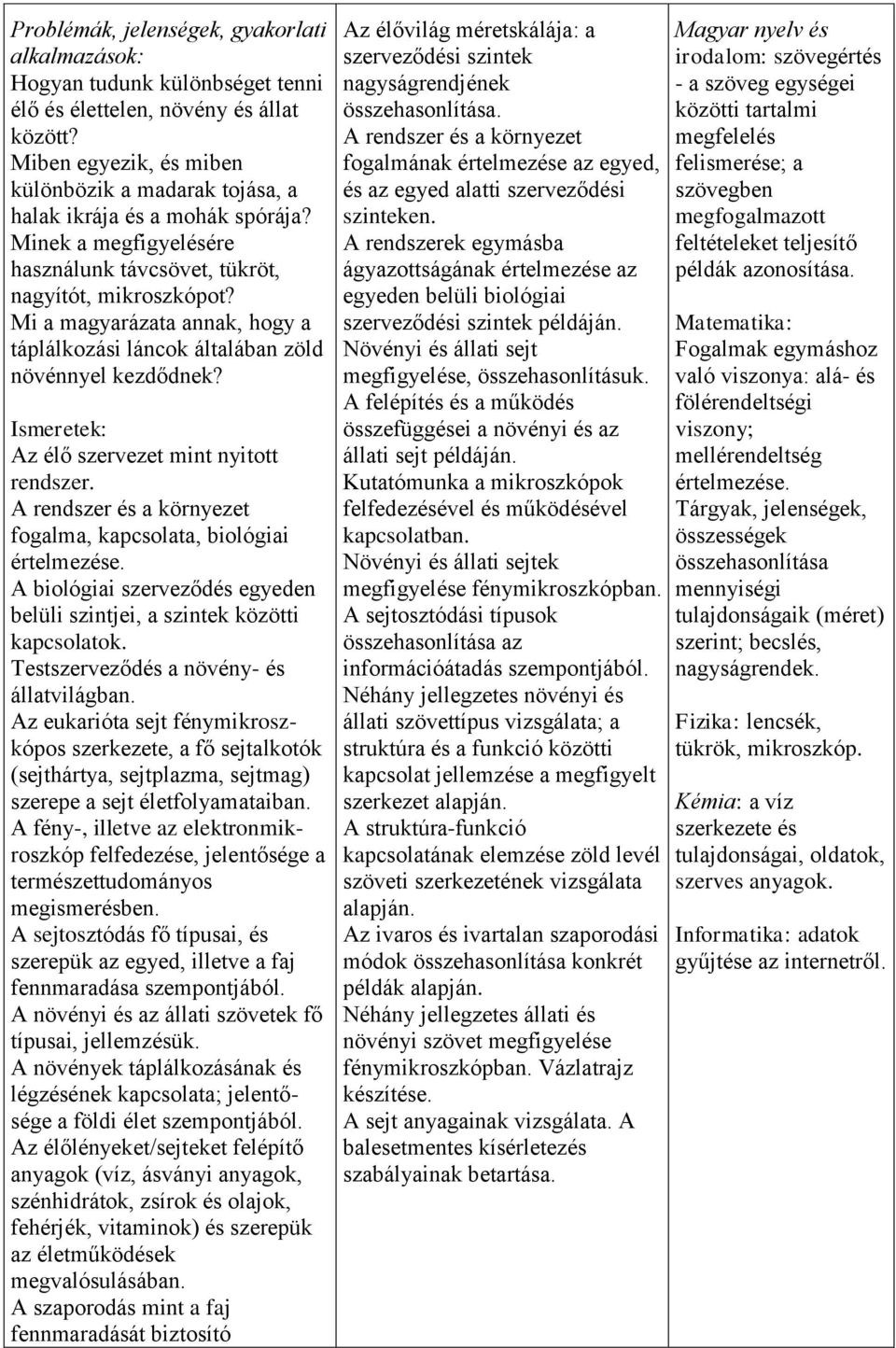 Ismeretek: Az élő szervezet mint nyitott rendszer. A rendszer és a környezet fogalma, kapcsolata, biológiai értelmezése. A biológiai szerveződés egyeden belüli szintjei, a szintek közötti kapcsolatok.