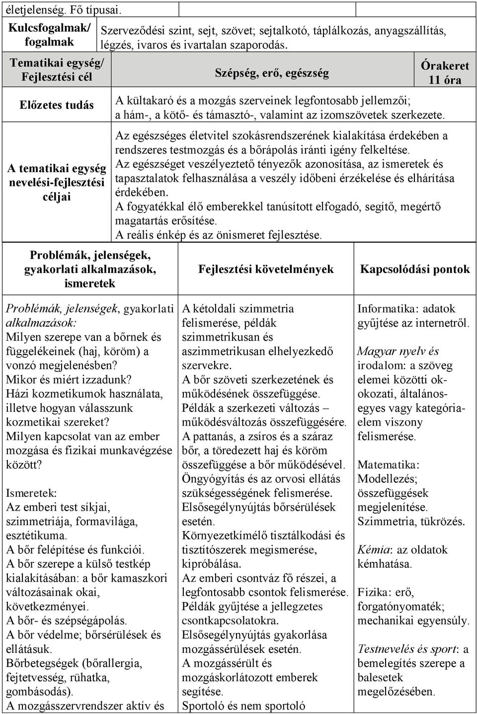 Szépség, erő, egészség Órakeret 11 óra A kültakaró és a mozgás szerveinek legfontosabb jellemzői; a hám-, a kötő- és támasztó-, valamint az izomszövetek szerkezete.