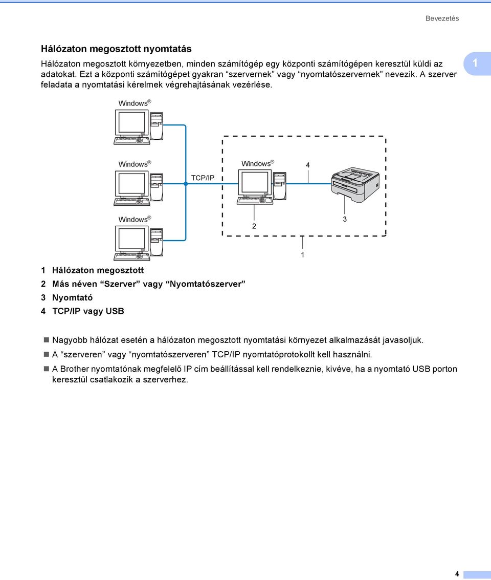 1 Windows R Windows R TCP/IP Windows R 4 Windows R 2 3 1 1 Hálózaton megosztott 2 Más néven Szerver vagy Nyomtatószerver 3 Nyomtató 4 TCP/IP vagy USB Nagyobb hálózat esetén a hálózaton