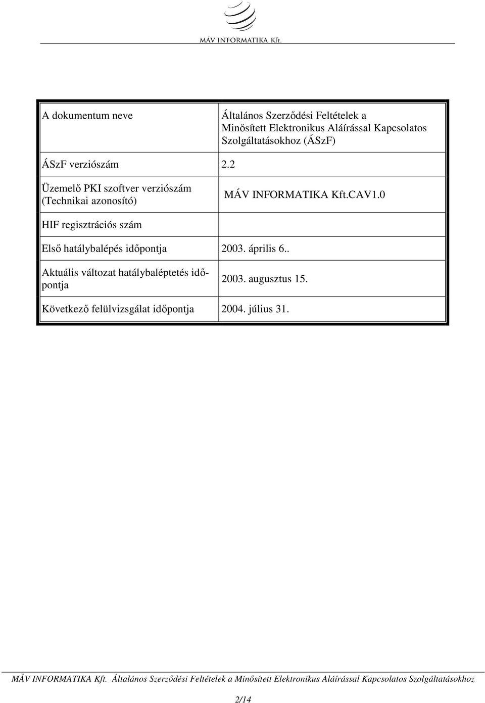 2 Üzemelő PKI szoftver verziószám (Technikai azonosító) MÁV INFORMATIKA Kft.CAV1.