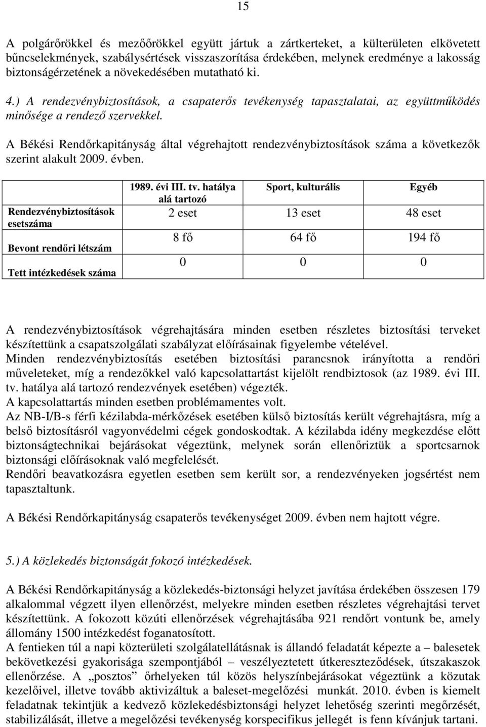 A Békési Rendőrkapitányság által végrehajtott rendezvénybiztosítások száma a következők szerint alakult 29. évben. Rendezvénybiztosítások esetszáma Bevont rendőri létszám Tett intézkedések száma 1989.