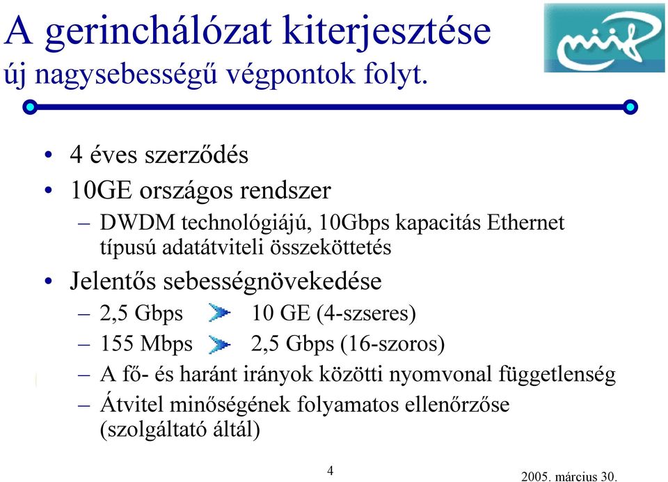 adatátviteli összeköttetés Jelentős sebességnövekedése 2,5 Gbps 10 GE (4-szseres) 155 Mbps 2,5