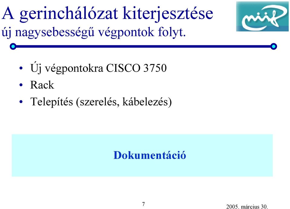 Routerkonfiguráció Helyi HBONE eszköz Kiszállítás Produkciós Szolgáltatói Intézmény + beállítás, szolgáltató HBONE monitorozás mérések, címkézés felmérése, információk rajz, DNSbejegyzés, (intézményi