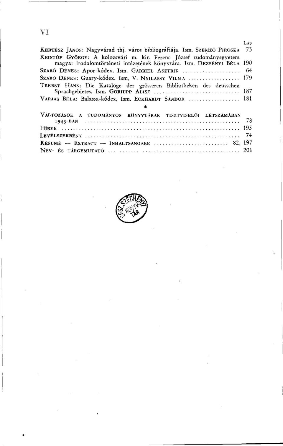 Ism. V. NYILASSY VILMA 179 TREBST HANS: Die Kataloge der grösseren Bibliotheken des deutschen Sprachgebietes. Ism. GORIUPP ALISZ 187 VARJAS BÉLA: Balassa-kódex.