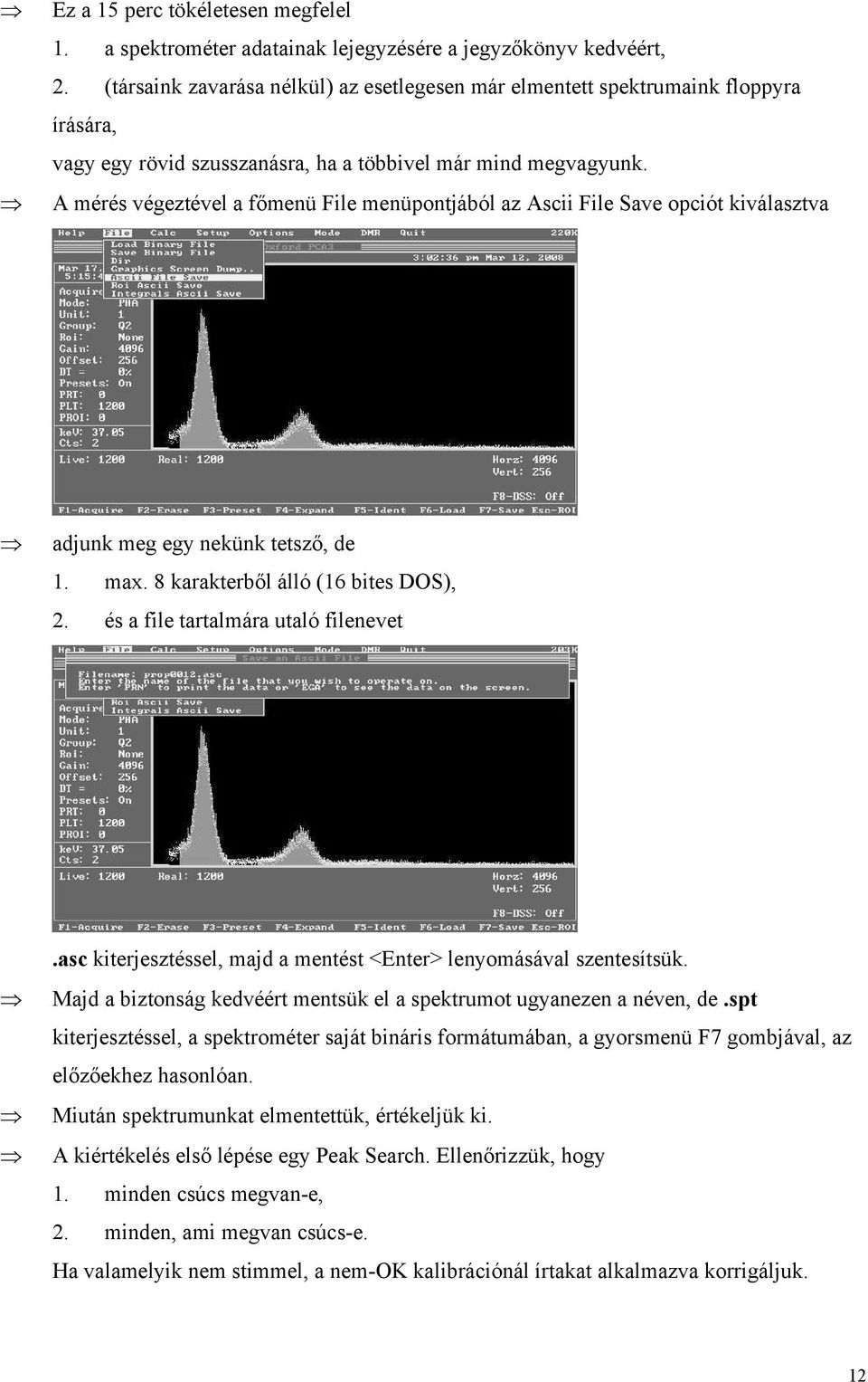 A mérés végeztével a főmenü File menüpontjából az Ascii File Save opciót kiválasztva adjunk meg egy nekünk tetsző, de 1. max. 8 karakterből álló (16 bites DOS), 2.