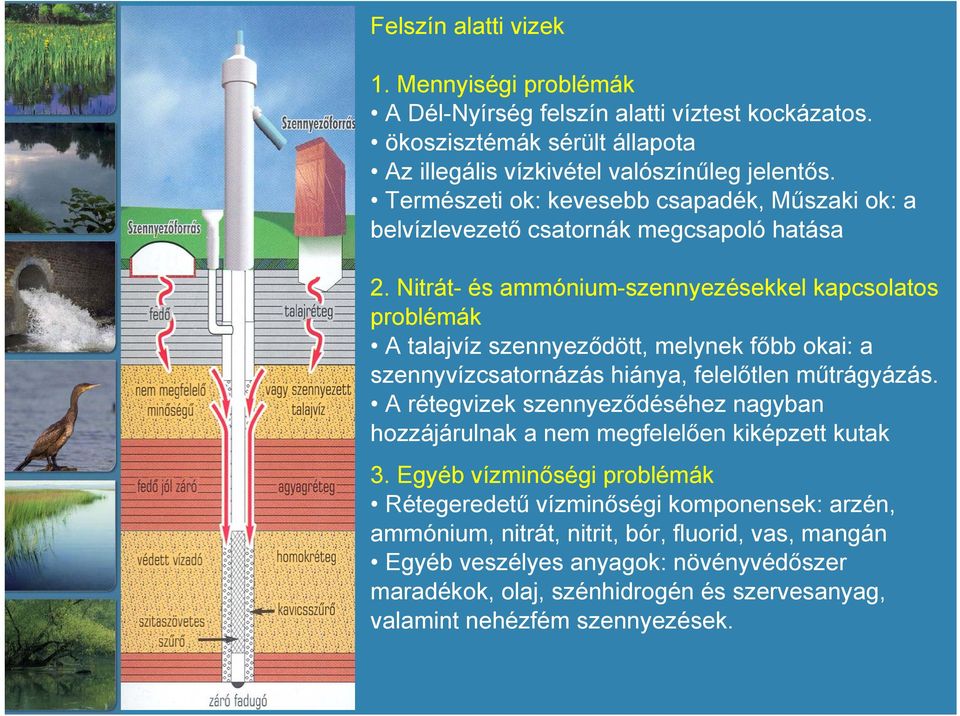 Nitrát- és ammónium-szennyezésekkel kapcsolatos problémák A talajvíz szennyeződött, melynek főbb okai: a szennyvízcsatornázás hiánya, felelőtlen műtrágyázás.