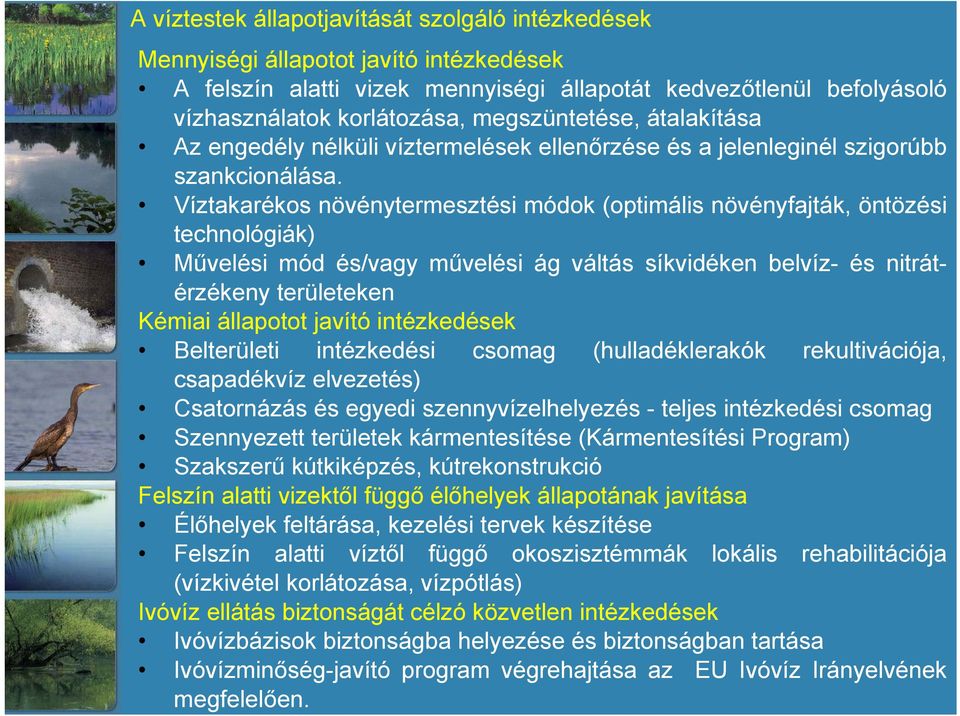 Víztakarékos növénytermesztési módok (optimális növényfajták, öntözési technológiák) Művelési mód és/vagy művelési ág váltás síkvidéken belvíz- és nitrátérzékeny területeken Kémiai állapotot javító