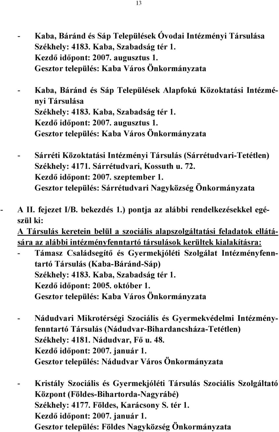 Gesztor település: Kaba Város Önkormányzata - Sárréti Közoktatási Intézményi Társulás (Sárrétudvari-Tetétlen) Székhely: 4171. Sárrétudvari, Kossuth u. 72. Kezdő időpont: 2007. szeptember 1.