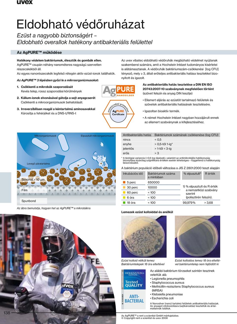 Az AgPURE 3 lépésben győzi le a mikroorganizmusokat: Az uvex vibatec eldobható védőruhák megbízható védelmet nyújtanak szakemberei számára, amit a Hochstein Intézet tudományos kísérletei is
