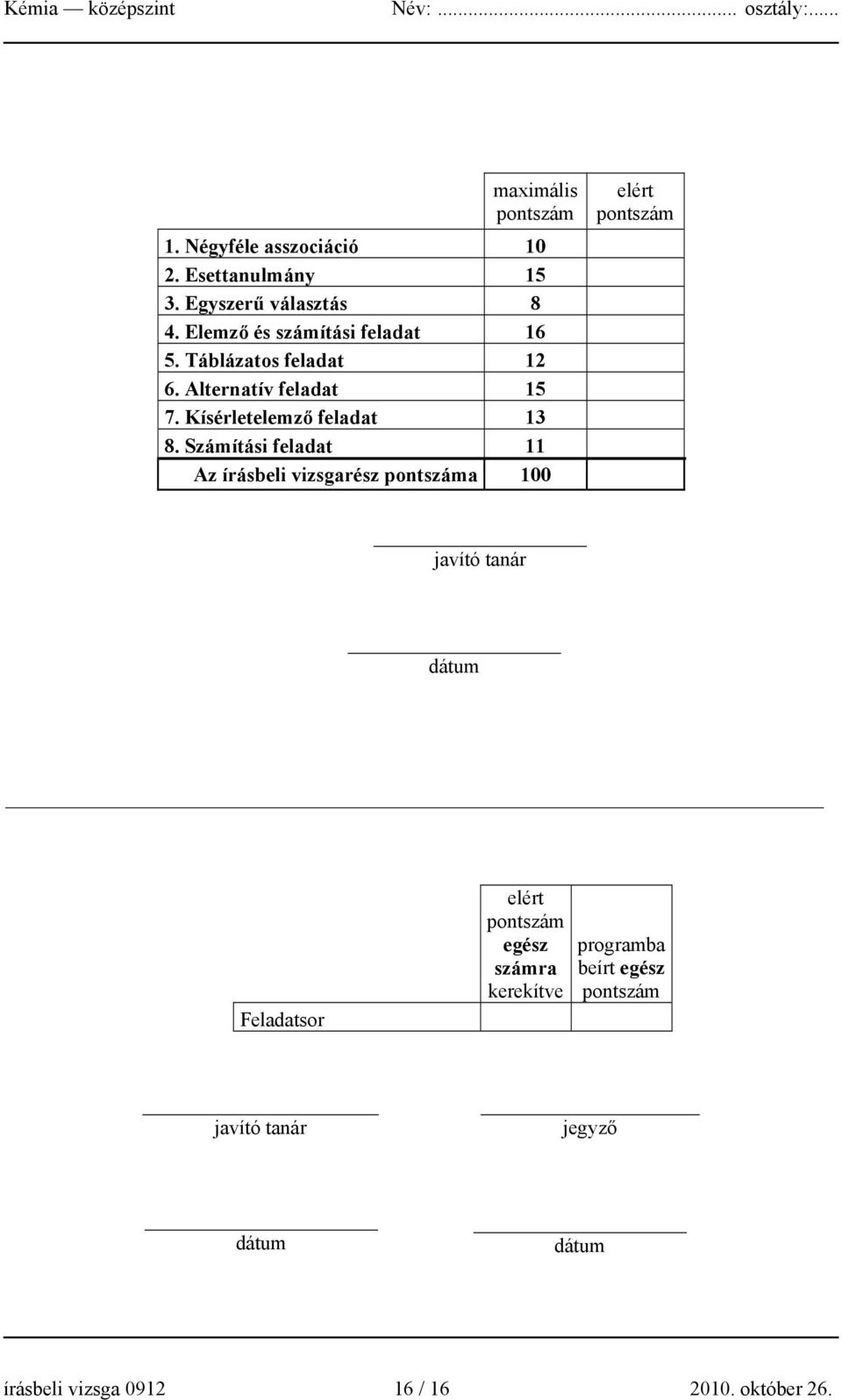 Számítási feladat 11 Az írásbeli vizsgarész pontszáma 100 elért pontszám javító tanár dátum Feladatsor elért