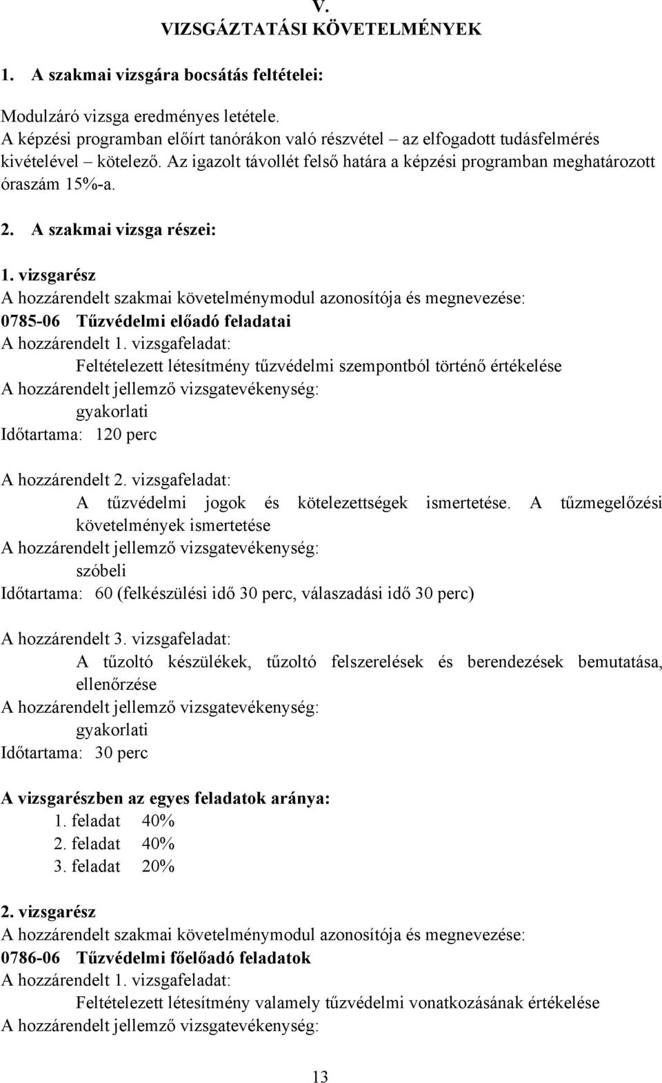 A szakmai vizsga részei: 1. vizsgarész A hozzárendelt szakmai követelménymodul azonosítója és megnevezése: 0785-06 Tűzvédelmi előadó feladatai A hozzárendelt 1.