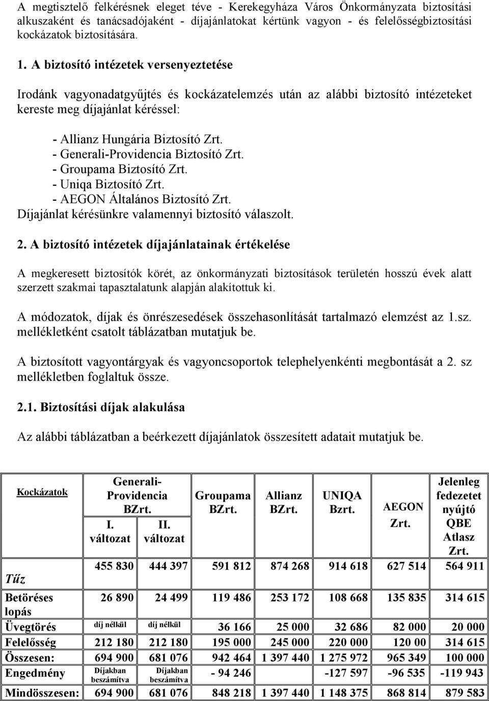 - Generali-Providencia Biztosító Zrt. - Groupama Biztosító Zrt. - Uniqa Biztosító Zrt. - AEGON Általános Biztosító Zrt. Díjajánlat kérésünkre valamennyi biztosító válaszolt. 2.