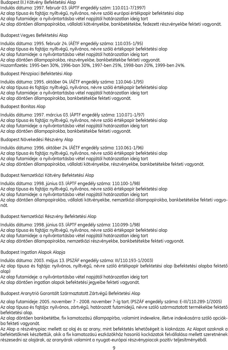 döntően állampapírokba, vállalati kötvényekbe, bankbetétekbe, fedezett részvényekbe fekteti vagyonát. Budapest Vegyes Befektetési Alap Indulás dátuma: 1995. február 24. (ÁÉTF engedély száma: 110.