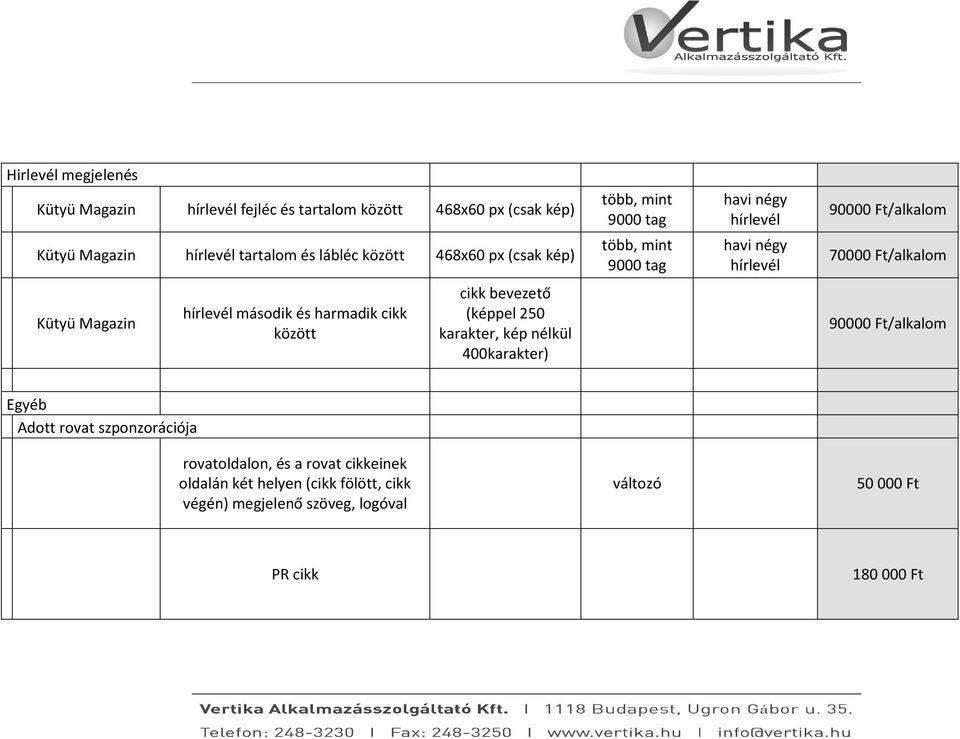 Magazin hírlevél második és harmadik cikk között cikk bevezető (képpel 50 karakter, kép nélkül 400karakter) 90000 Ft/alkalom Egyéb Adott rovat