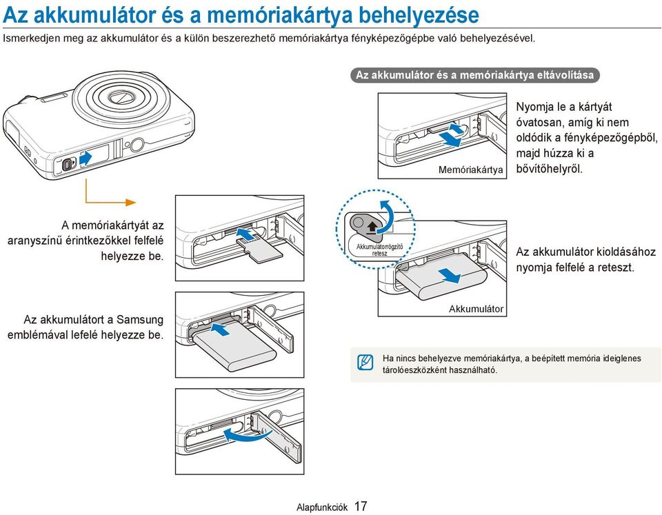 bővítőhelyről. A memóriakártyát az aranyszínű érintkezőkkel felfelé helyezze be. Akkumulátorrögzítő retesz Az akkumulátor kioldásához nyomja felfelé a reteszt.