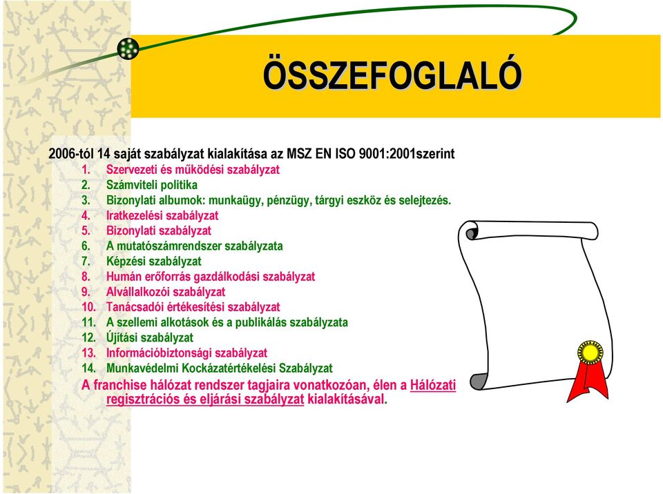Képzési szabályzat 8. Humán erőforrás gazdálkodási szabályzat 9. Alvállalkozói szabályzat 10. Tanácsadói értékesítési szabályzat 11.