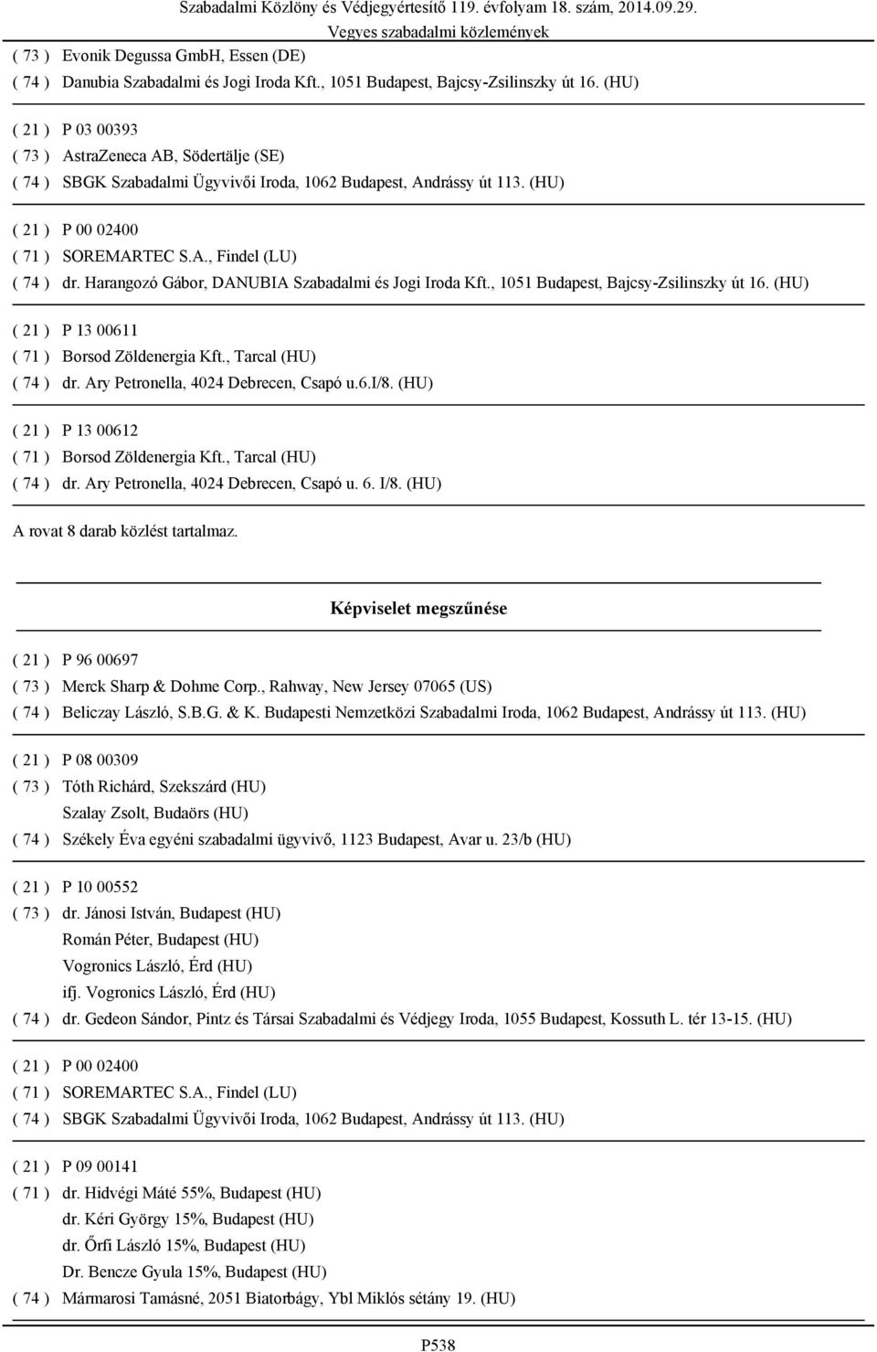 (HU) A rovat 8 darab közlést tartalmaz. Képviselet megszűnése P 96 00697 Merck Sharp & Dohme Corp., Rahway, New Jersey 07065 (US) Beliczay László, S.B.G. & K.