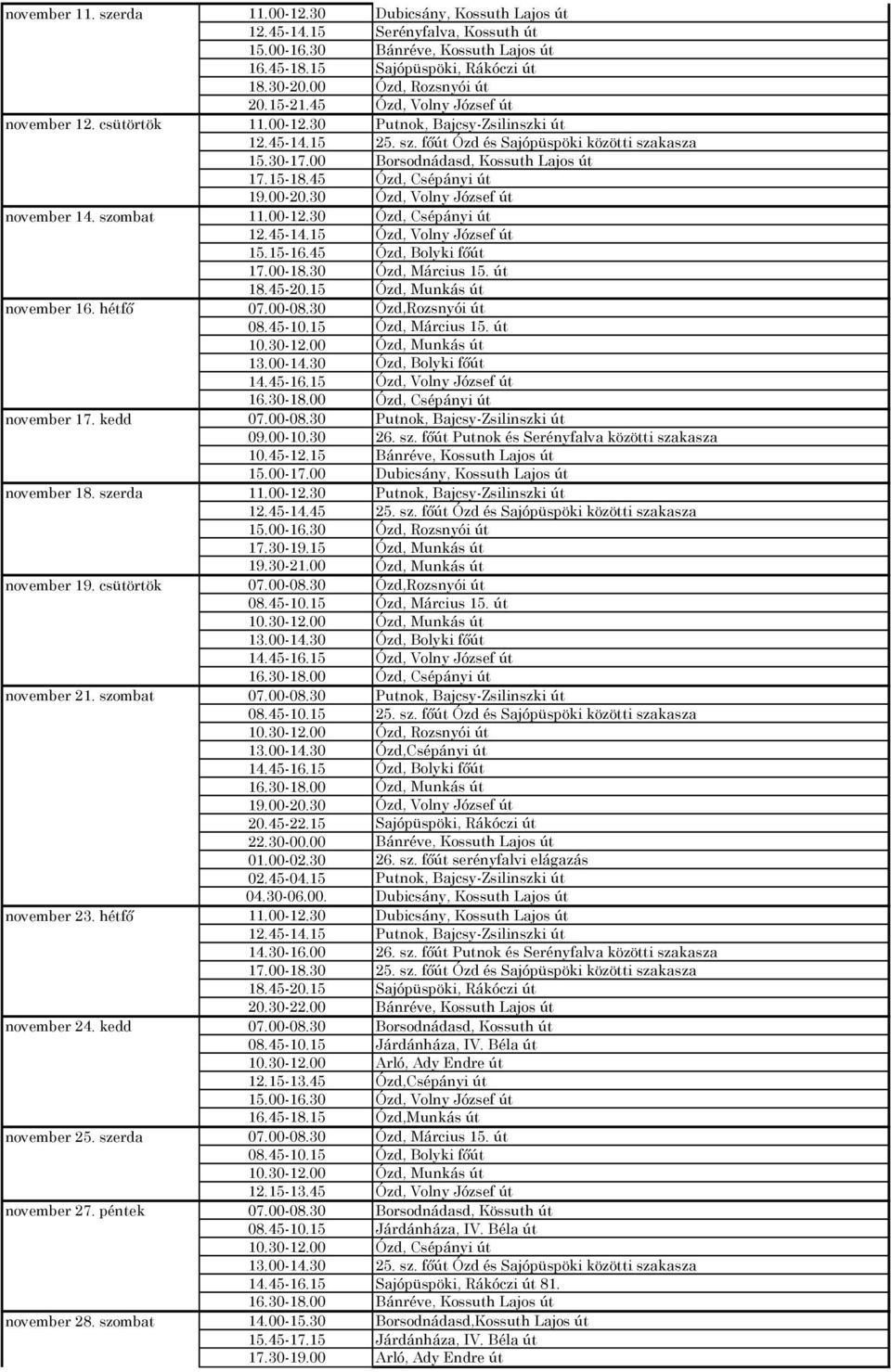 00 Borsodnádasd, Kossuth Lajos út 17.15-18.45 Ózd, Csépányi út 19.00-20.30 Ózd, Volny József út november 14. szombat 11.00-12.30 Ózd, Csépányi út 12.45-14.15 Ózd, Volny József út 15.15-16.