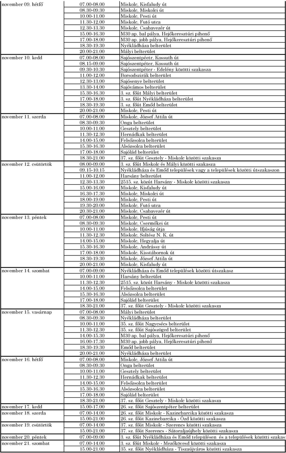 00 Sajószentpéetr, Kossuth út 08.15-09.00 Sajószentpéter, Kossuth út 09.30-10.30 Sajószentpéter - Edelény közötti szakasza 11.00-12.00 Borsodszirák belterület 12.30-13.00 Sajósenye belterület 13.