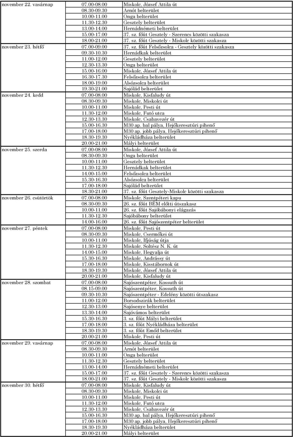 30 Hernádkak belterület 11.00-12.00 Gesztely belterület 12.30-13.30 Onga belterület 15.00-16.00 Miskolc, József Attila út 16.30-17.30 Felsőzsolca belterület 18.00-19.00 Alsózsolca belterület 19.30-21.
