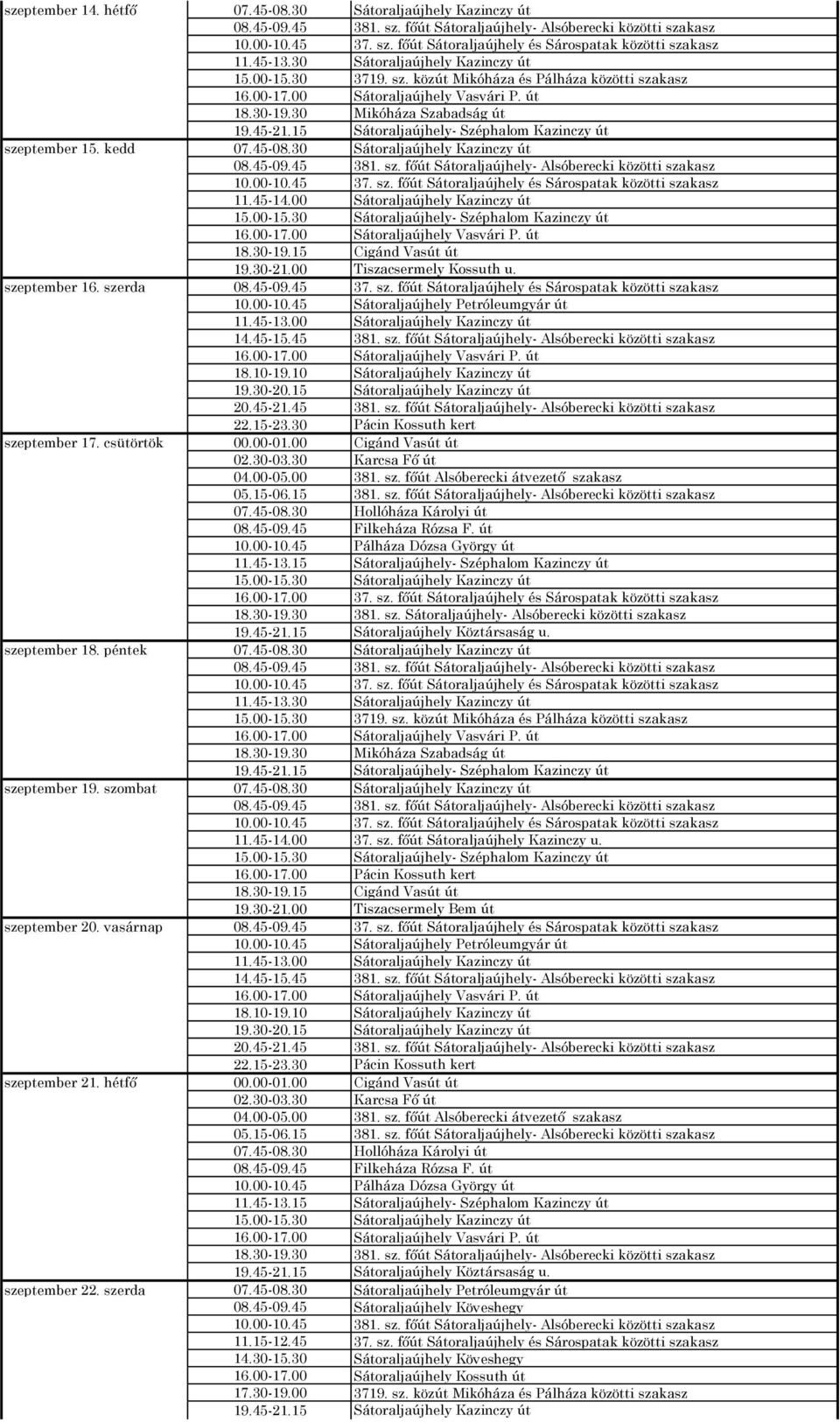 45-14.00 Sátoraljaújhely Kazinczy út 15.00-15.30 Sátoraljaújhely- Széphalom Kazinczy út 18.30-19.15 Cigánd Vasút út 19.30-21.00 Tiszacsermely Kossuth u. sze