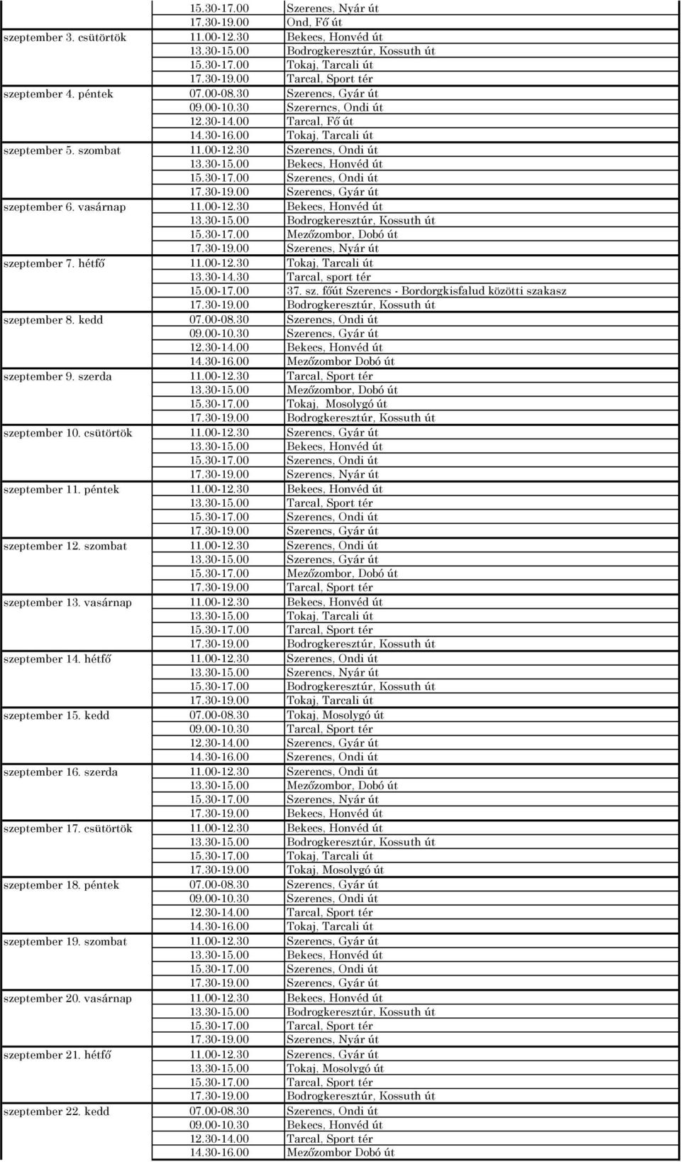 péntek szeptember 19. szombat szeptember 20. vasárnap szeptember 21. hétfő szeptember 22. kedd 15.30-17.00 Szerencs, Nyár út 17.30-19.00 Ond, Fő út 11.00-12.30 Bekecs, Honvéd út 13.30-15.