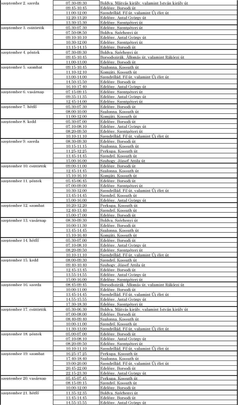 30-12.00 Edelény, Szentpéteri út 13.15-14.15 Edelény, Borsodi út szeptember 4. péntek 07.30-09.30 Boldva, Széchenyi út 09.45-10.45 Borsodszirák, Állomás út, valamint Rákóczi út 11.00-13.