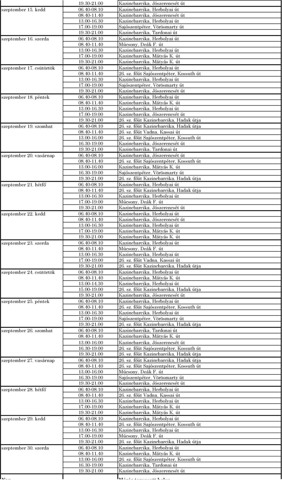 00 Kazincbarcika, Jószerencsét út 08.40-11.40 Kazincbarcika, Jószerencsét út 17.00-19.00 Sajószentpéter, Vörösmarty út 19.30-21.00 Kazincbarcika, Tardonai út 08.40-11.40 Múcsony, Deák F. út 17.00-19.00 Kazincbarcika, Mátyás K.