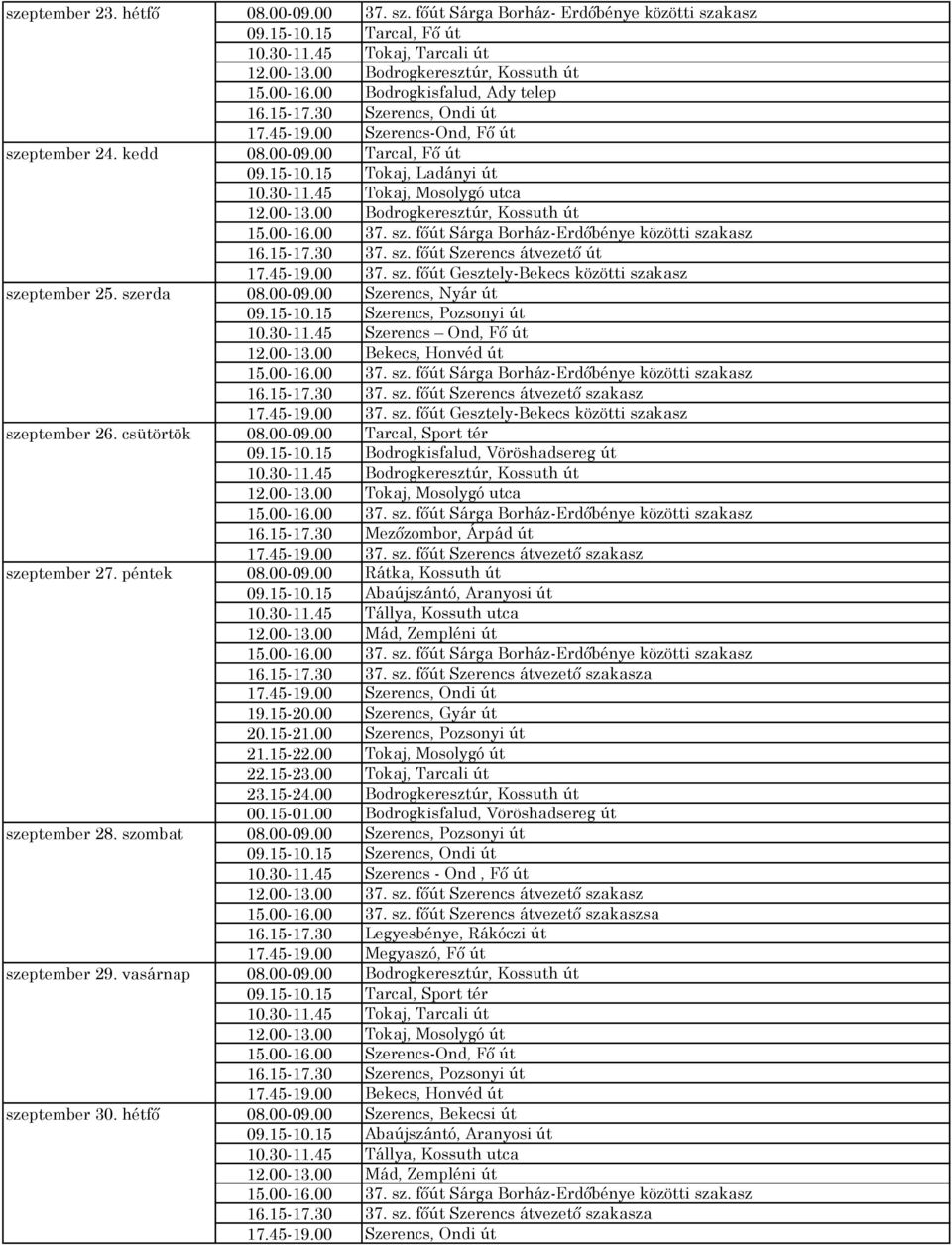 00-09.00 Tarcal, Fő út 09.15-10.15 Tokaj, Ladányi út 10.30-11.45 Tokaj, Mosolygó utca 12.00-13.00 Bodrogkeresztúr, Kossuth út 15.00-16.00 37. sz. főút Sárga Borház-Erdőbénye közötti szakasz 16.15-17.