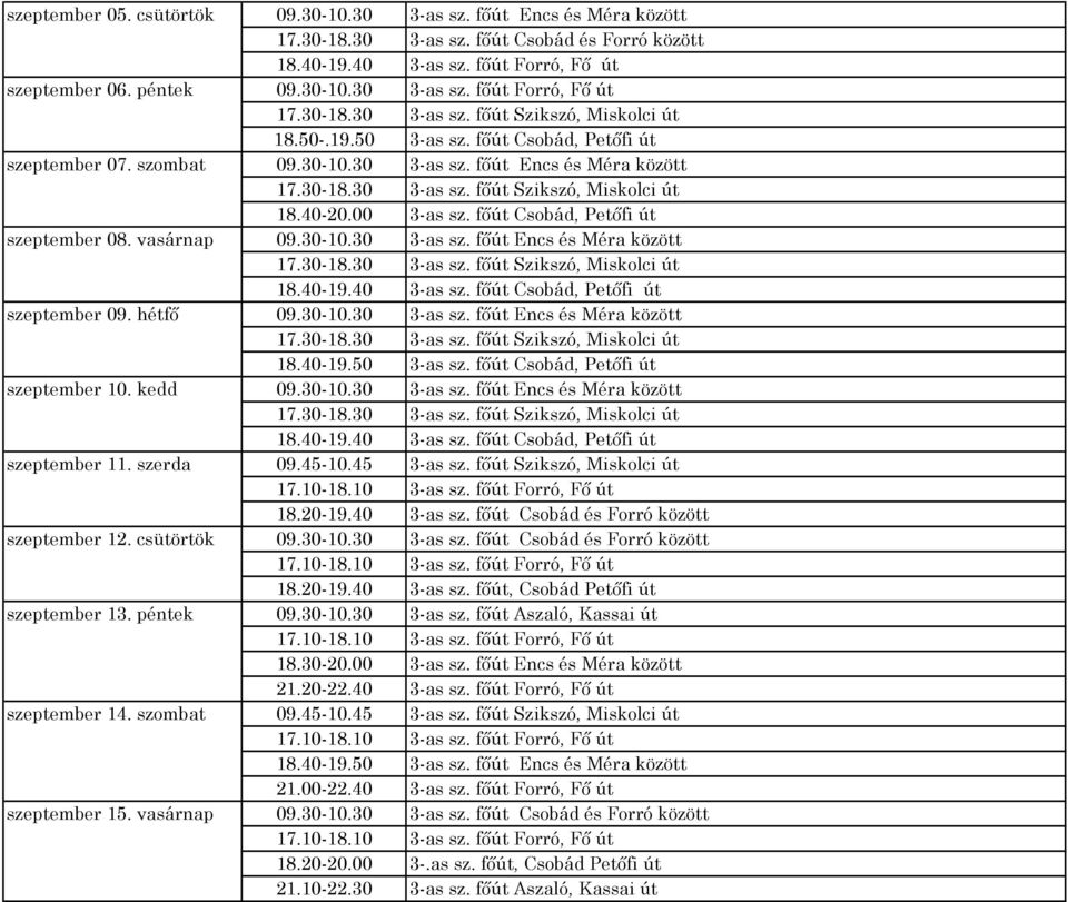 30-18.30 3-as sz. főút Szikszó, Miskolci út 18.50-.19.50 3-as sz. főút Csobád, Petőfi út 09.30-10.30 3-as sz. főút Encs és Méra között 17.30-18.30 3-as sz. főút Szikszó, Miskolci út 18.40-20.