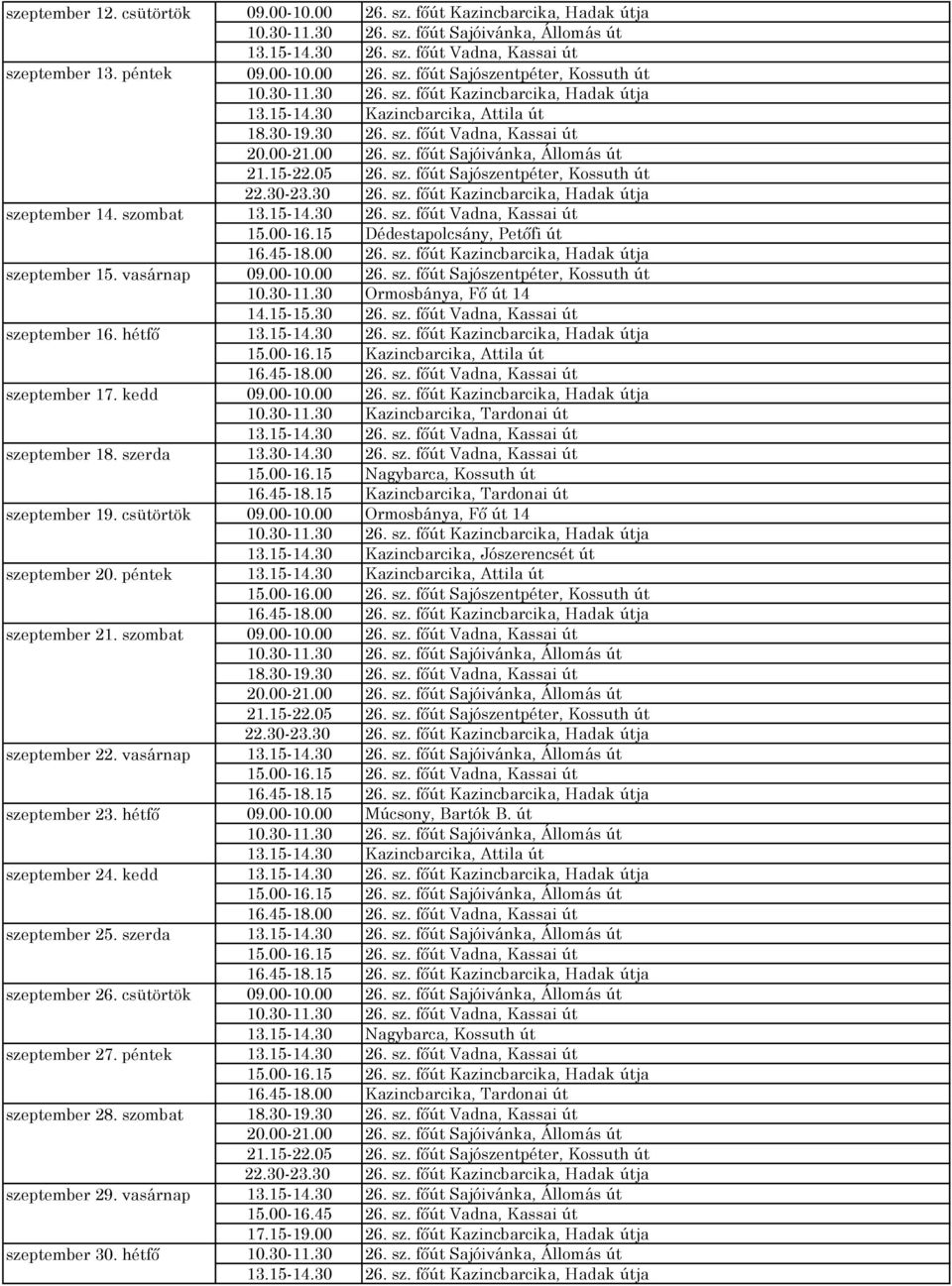 szombat szeptember 29. vasárnap szeptember 30. hétfő 09.00-10.00 26. sz. főút Kazincbarcika, Hadak útja 10.30-11.30 26. sz. főút Sajóivánka, Állomás út 13.15-14.30 26. sz. főút Vadna, Kassai út 09.