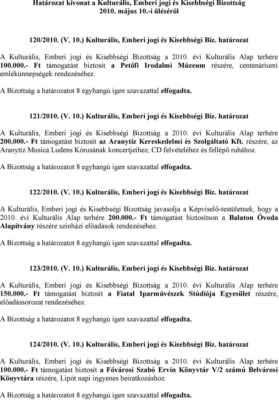 ) Kulturális, Emberi jogi és Kisebbségi Biz. határozat 2010. évi Kulturális Alap terhére 200.000.- Ft támogatást biztosítson a Balaton Óvoda Alapítvány részére színházi előadások rendezéséhez.