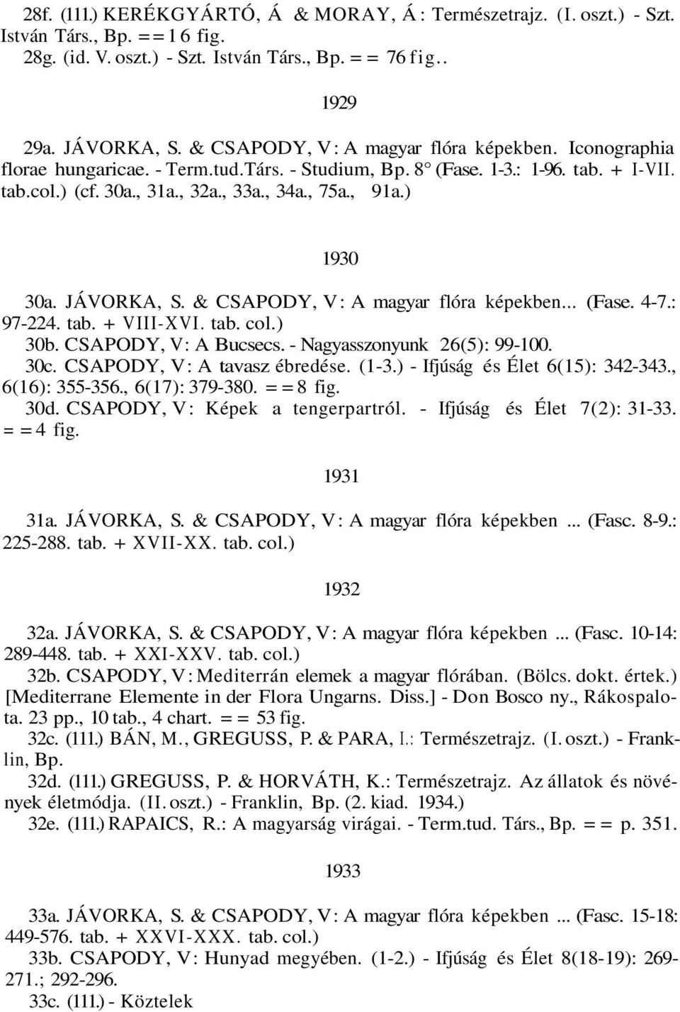) 1930 30a. JÁVORKA, S. & CSAPODY, V: A magyar flóra képekben... (Fase. 4-7.: 97-224. tab. + VIII-XVI. tab. col.) 30b. CSAPODY, V: A Bucsecs. - Nagyasszonyunk 26(5): 99-100. 30c.