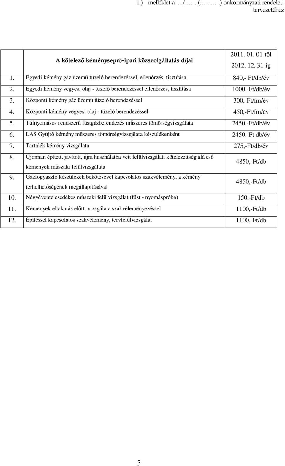 Központi kémény gáz üzem tüzel berendezéssel 300,-Ft/fm/év 4. Központi kémény vegyes, olaj - tüzel berendezéssel 450,-Ft/fm/év 5.