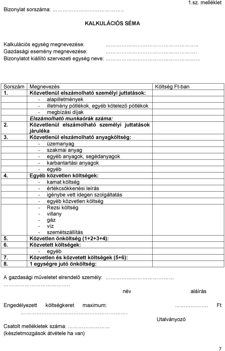 Közvetlenül elszámolható személyi juttatások járuléka 3. Közvetlenül elszámolható anyagköltség: - üzemanyag - szakmai anyag - egyéb anyagok, segédanyagok - karbantartási anyagok - egyéb 4.