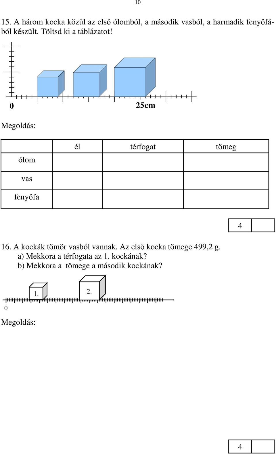 A kockák tömör vasból vannak. Az első kocka tömege 99,2 g. a) Mekkora a térfogata az 1. kockának? b) Mekkora a tömege a második kockának? 0 1. 2.