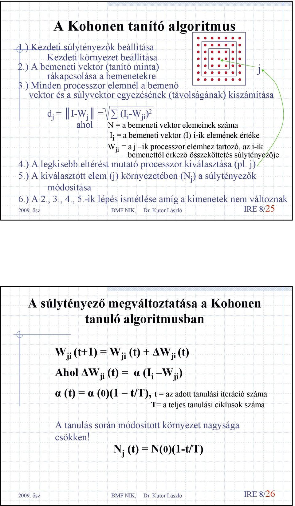 elemének értéke W i = a ik processzor elemhez tartozó, az i-ik bemenettől érkező összeköttetés súlytényezőe 4.) A legkisebb eltérést mutató processzor kiválasztása (pl. ) 5.