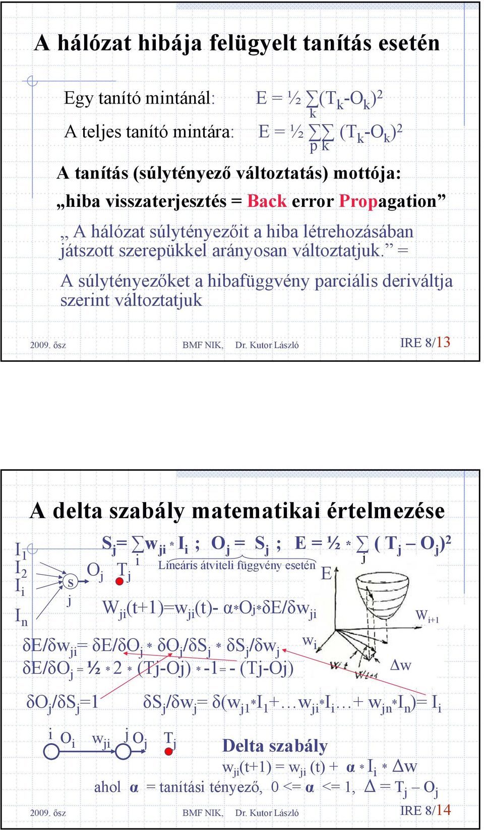 = A súlytényezőket a hibafüggvény parciális deriválta szerint változtatuk k IRE 8/3 I I 2 I i I n A delta szabály matematikai értelmezése i S δe/δw i = δe/δo * δo /δs * δs /δw δe/δo = ½ * 2 * (T-O) *