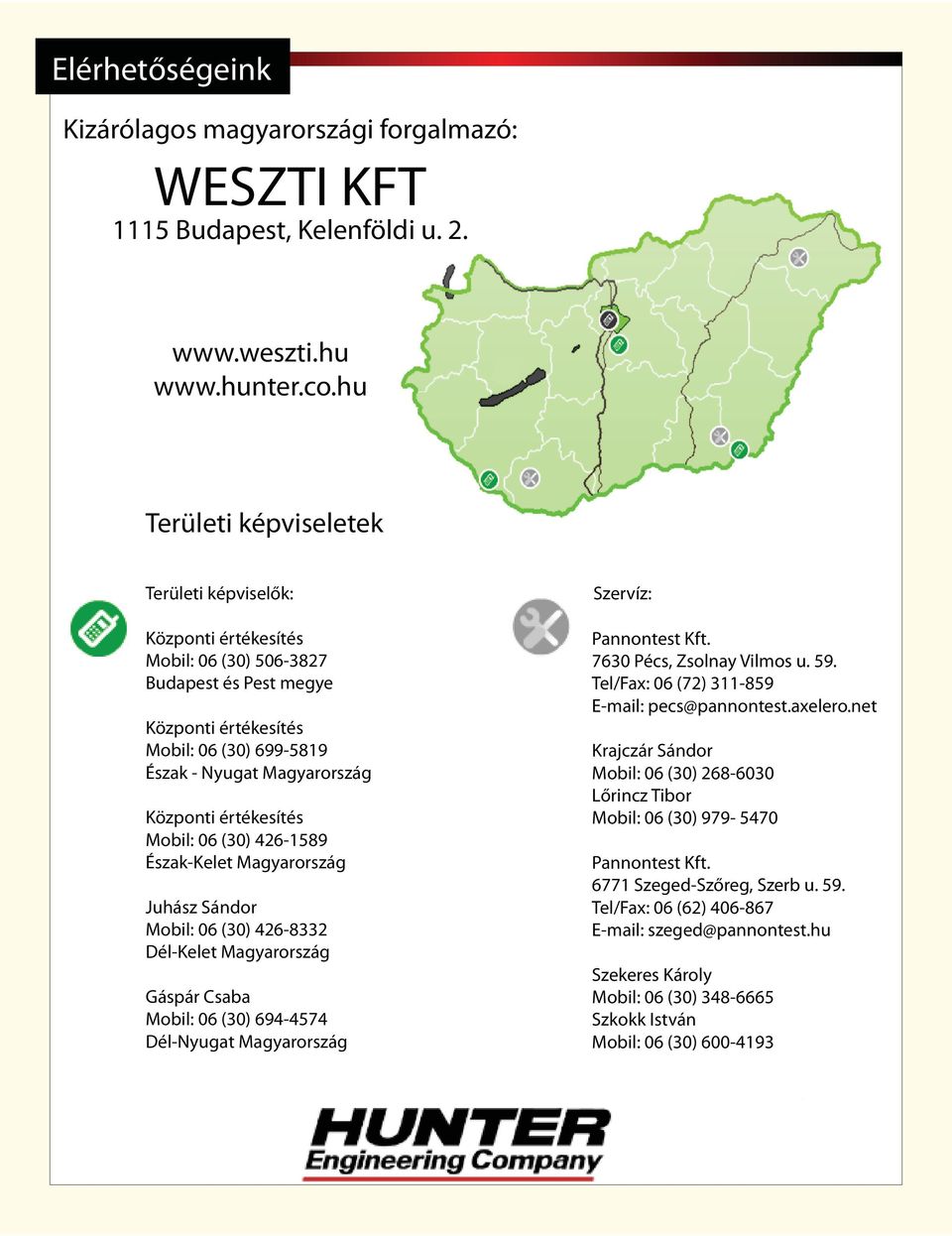 értékesítés Mobil: 06 (30) 426-1589 Észak-Kelet Magyarország Juhász Sándor Mobil: 06 (30) 426-8332 Dél-Kelet Magyarország Gáspár Csaba Mobil: 06 (30) 694-4574 Dél-Nyugat Magyarország Szervíz: