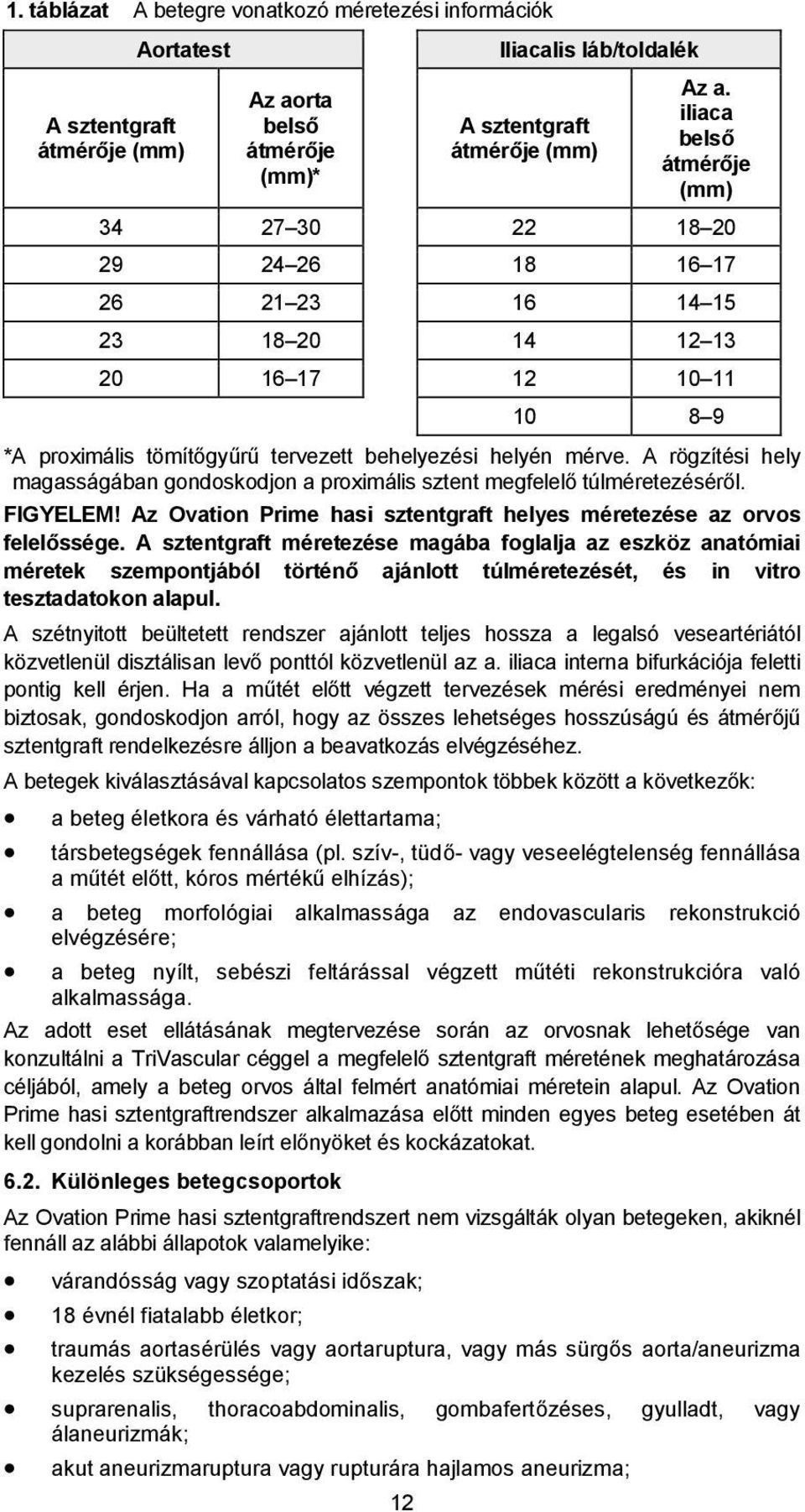 A rögzítési hely magasságában gondoskodjon a proximális sztent megfelelő túlméretezéséről. FIGYELEM! Az Ovation Prime hasi sztentgraft helyes méretezése az orvos felelőssége.