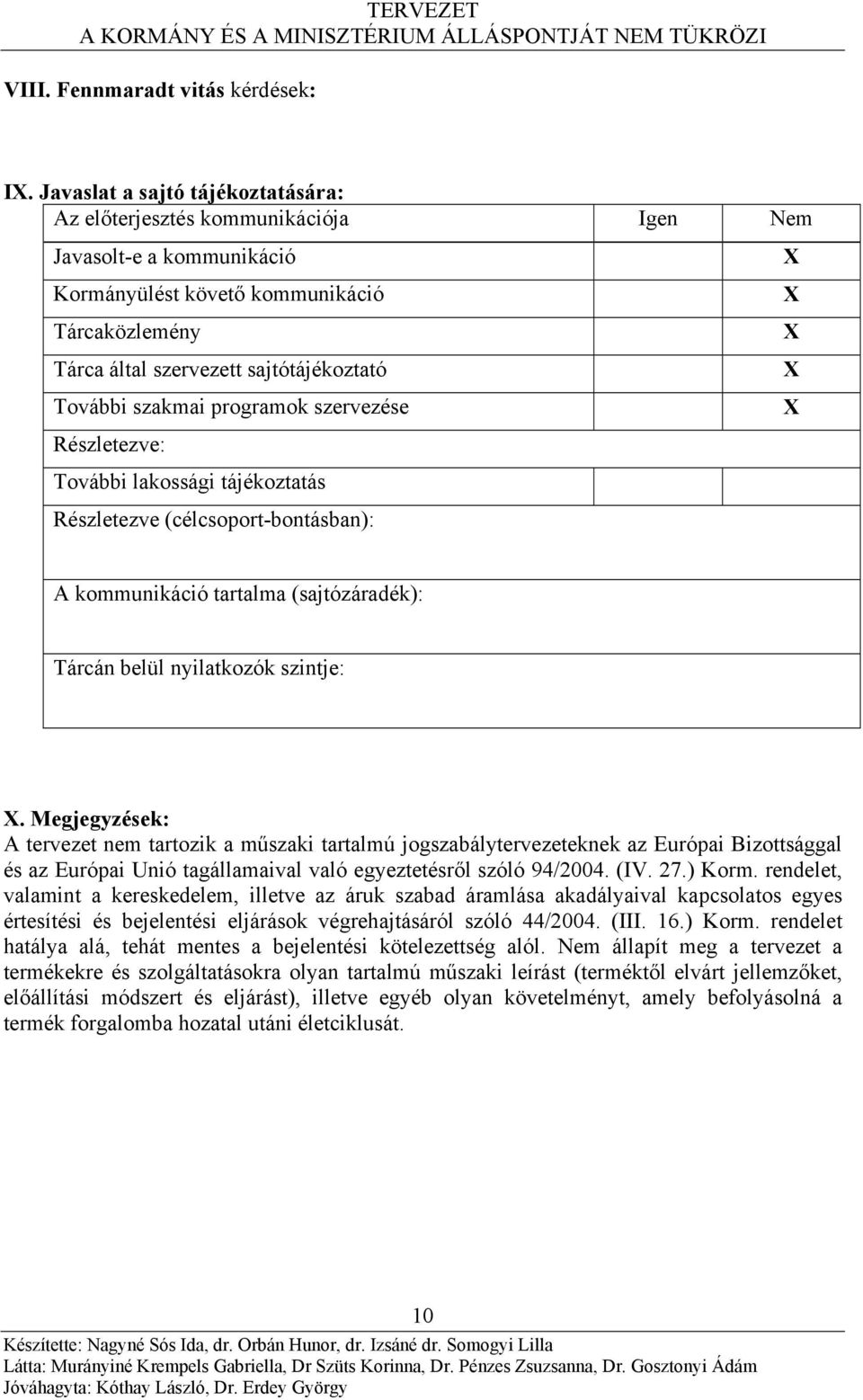 szakmai programok szervezése Részletezve: X X X X X További lakossági tájékoztatás Részletezve (célcsoport-bontásban): A kommunikáció tartalma (sajtózáradék): Tárcán belül nyilatkozók szintje: X.