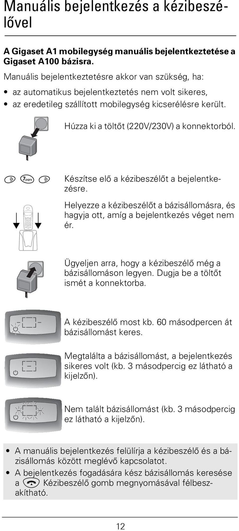 Húzza ki a töltőt (220V/230V) a konnektorból. 7 Készítse elő a kézibeszélőt a bejelentkezésre. k Ö Helyezze a kézibeszélőt a bázisállomásra, és hagyja ott, amíg a bejelentkezés véget nem ér.