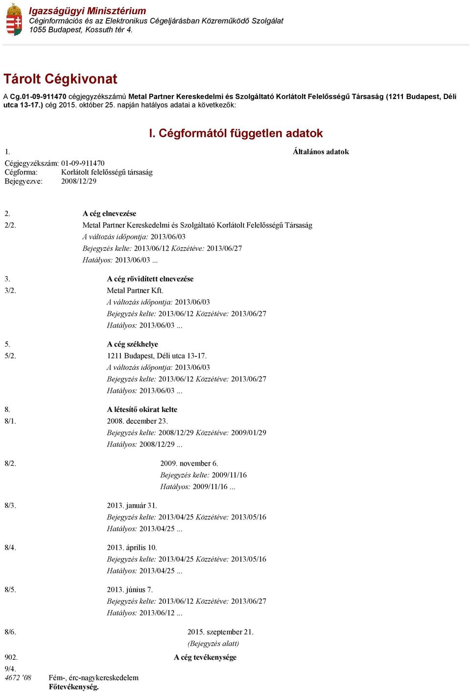 Cégformától független adatok 1. Általános adatok 01-09-911470 Cégforma: Korlátolt felelősségű társaság Bejegyezve: 2008/12/29 2. A cég elnevezése 2/2.